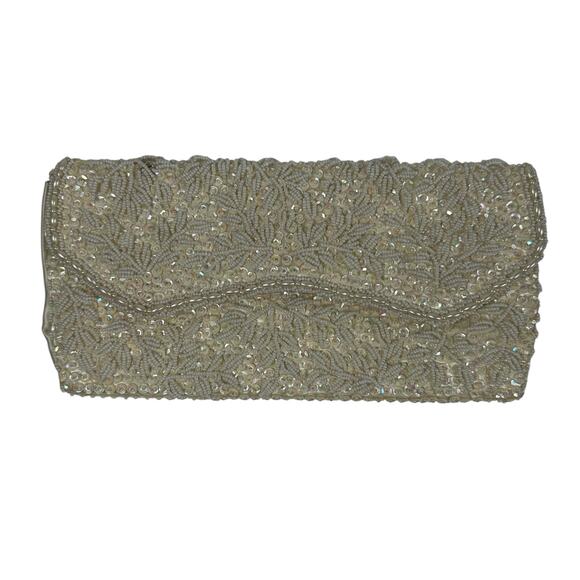 Vintage Ivory Sequin & Beaded Clutch Handbag Purse Evening Bag Made in Hong Kong - Picture 1 of 16